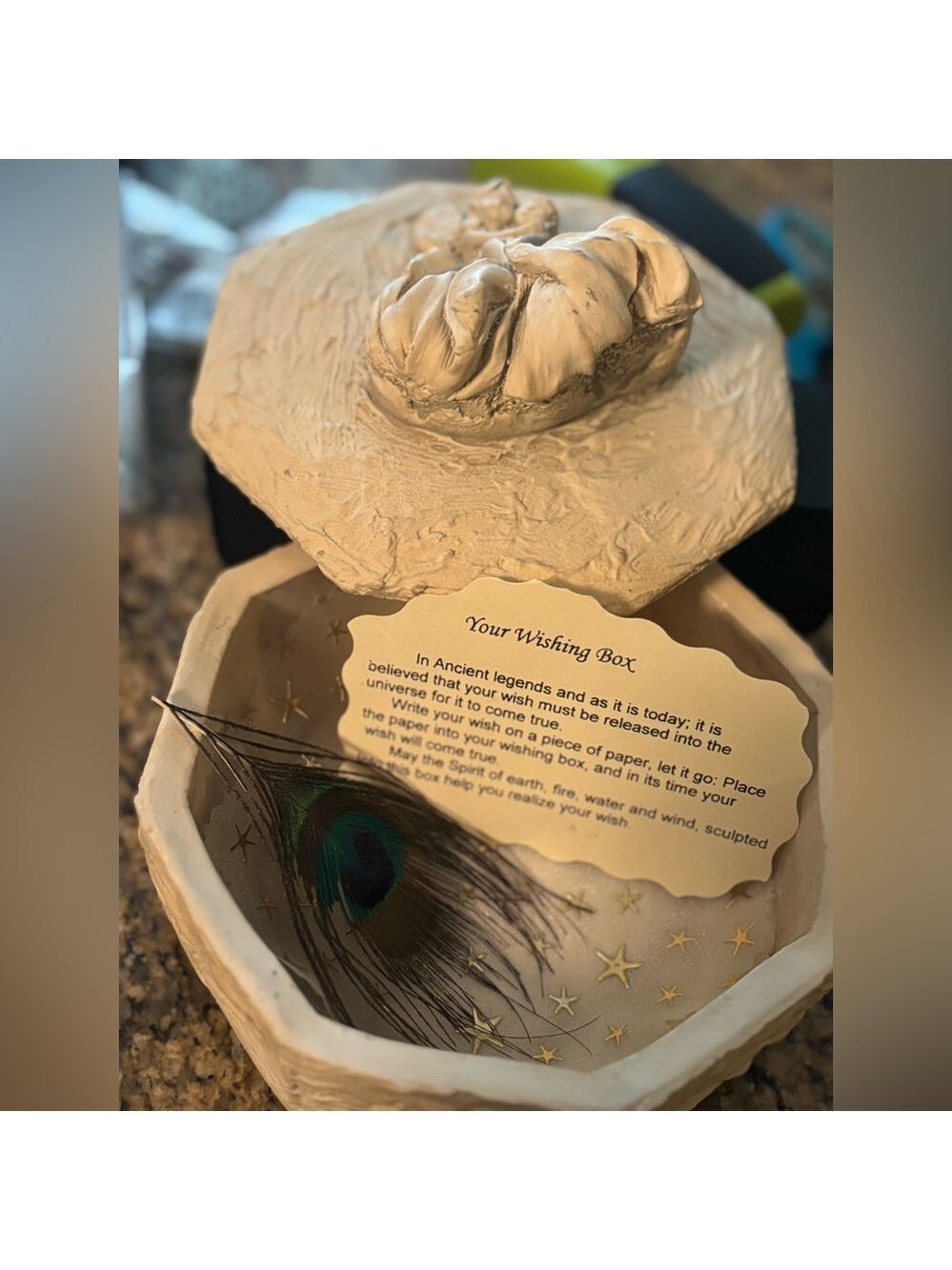 HANDCRAFTED Stone Wishing Box Gorgeous Raw Detail Explanation Card & Feather 🇨🇦